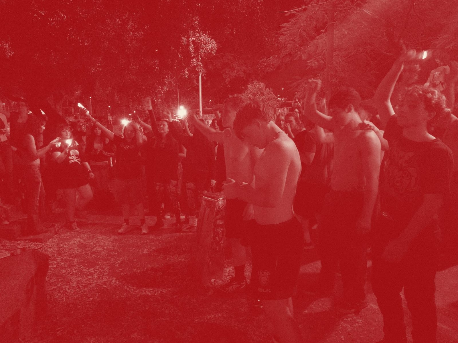 A gig crowd, printed as a two-colour duotone plate.