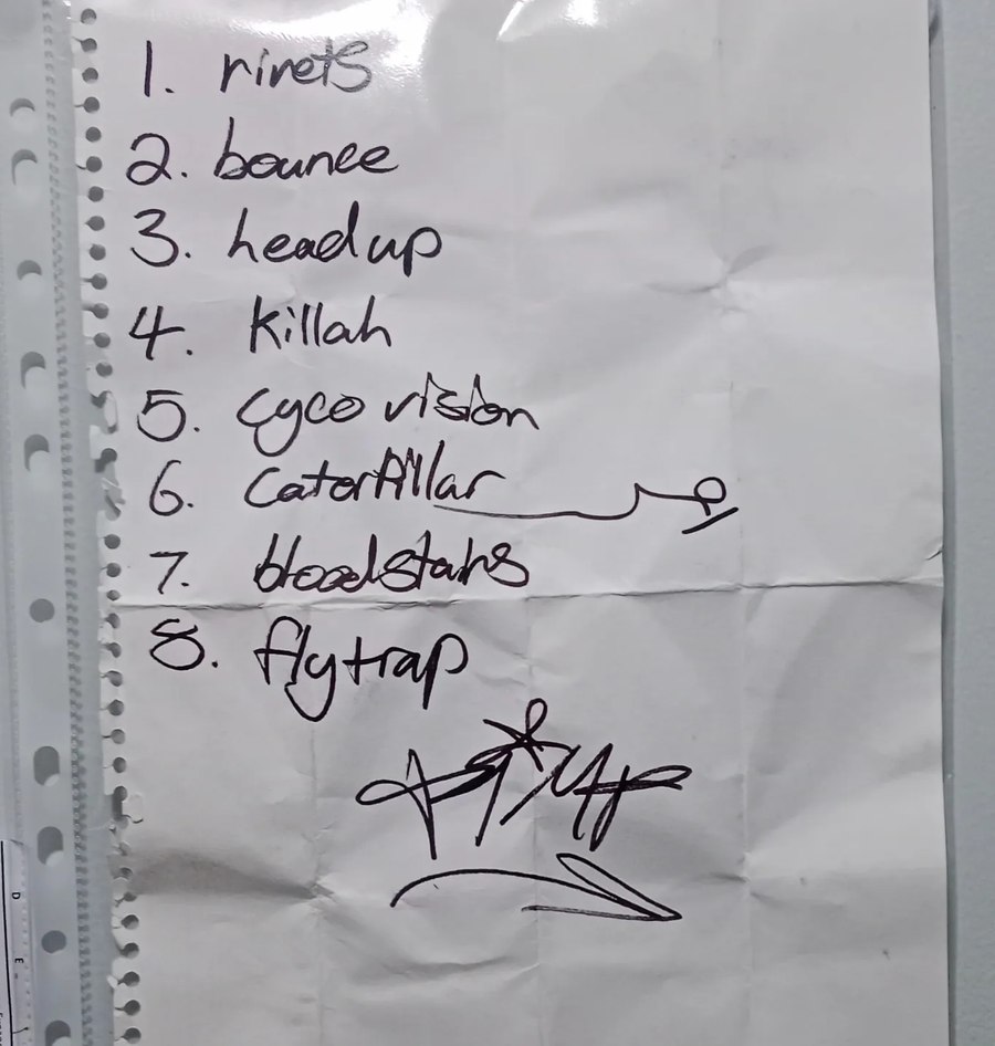 PIMP's numbered setlist from the Big Takeover, May 2024